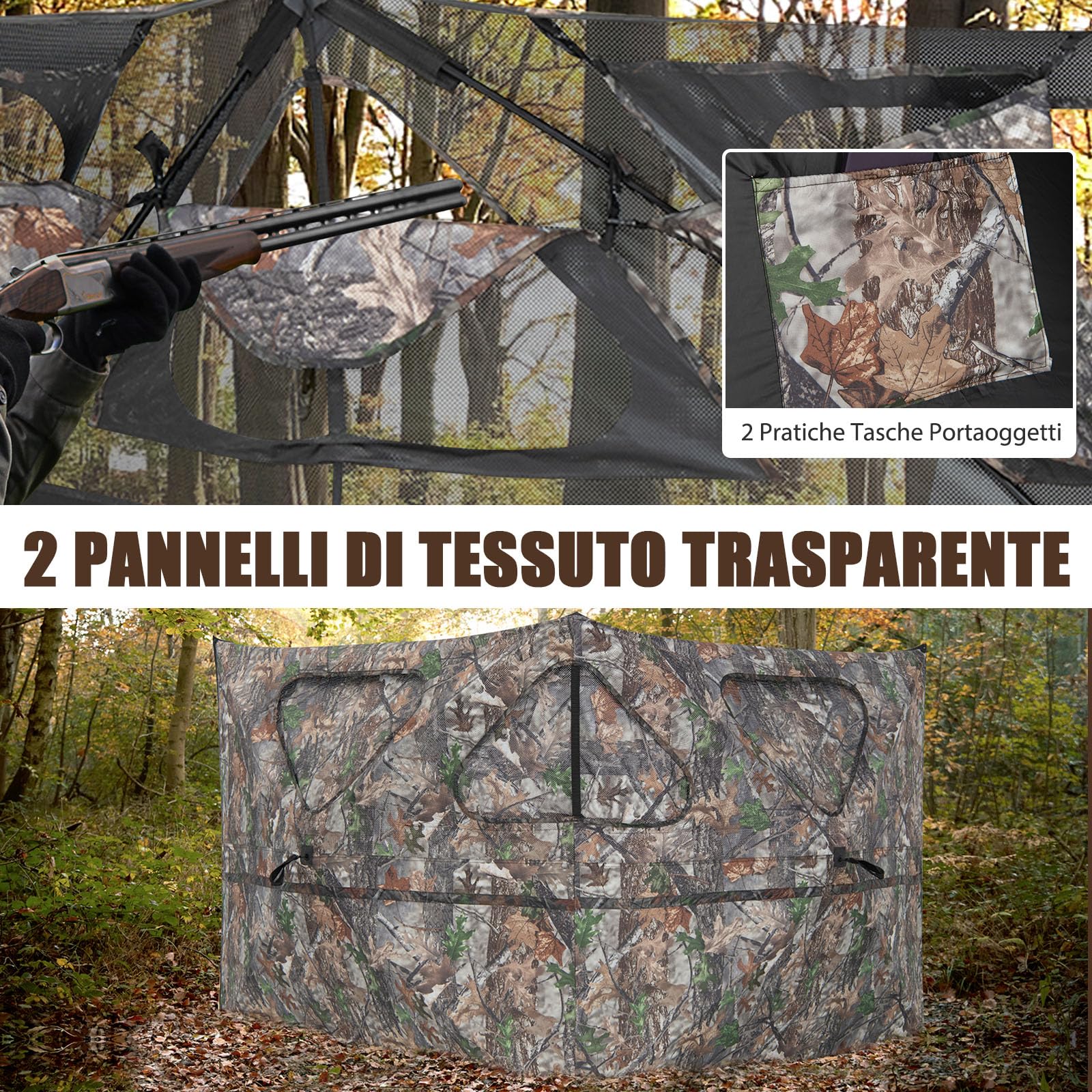 GYMAX Tenda da Caccia, Recinto da Caccia Pieghevole a 2 Pannelli con 3 Aperture per Sparare, Motivi Mimetici, Stabilità in Caso di Vento Forte, Recinzione da Caccia, 148 x 148 x 113 cm