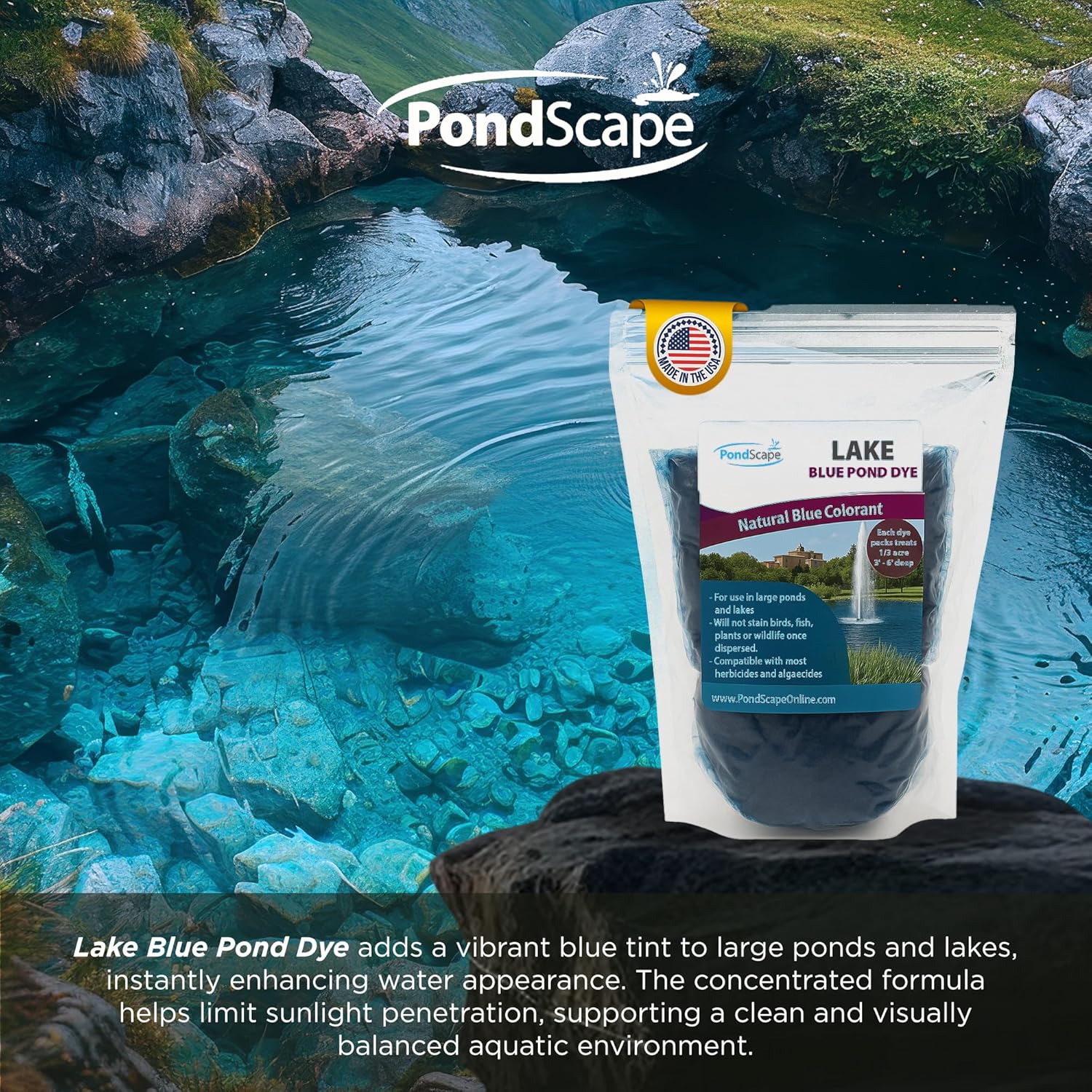 PONDSCAPE Lake Blue Pond Dye – Each Water Soluble Packets Treats 1/3 Acre, 3'-6' Deep - for Ponds, Fountains & Outdoor Water Features – Enhances Color & Clarity – Natural Blue Colorant - 4 Pack