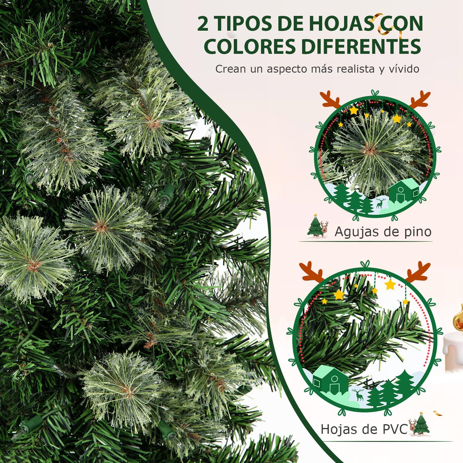COSTWAY Medio Árbol de Navidad Slim/Estrecho con Luces 210cm, Arboles de Navidad Delgado, 403 Ramas PVC, Arbol de Navidad con Luces Incorporadas 150 Luces LED，Arvore de Natal Casa/Oficina