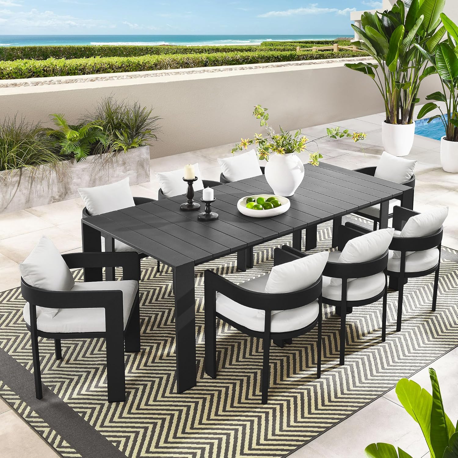 Modway Tahoe Outdoor Patio Powder-Coated Aluminum 9-Piece Dining Set in Gray White - Rectangular Patio Furniture Set for 8 - Outside Table with Umbrella Hole and Cushioned Chairs - Modern Patio Set