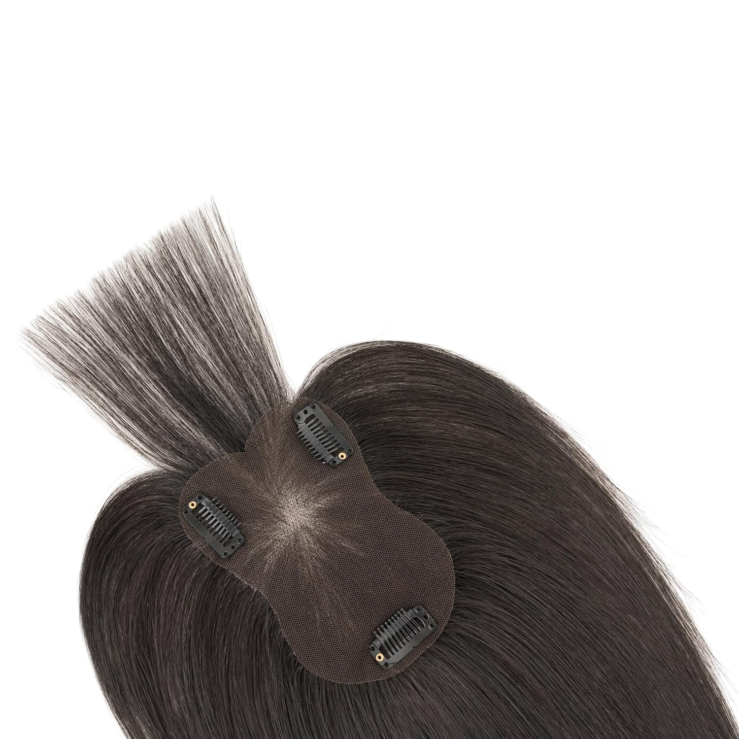 Hand-Tied Hair Toppers for Women Real Human Hair with Wispy Bangs 3.54"x4.72" Lase Base Hair Piece with 3 Clips Easy Clip-in for Daily Volume Styling Solution 12Inches （#1B Natural Black)