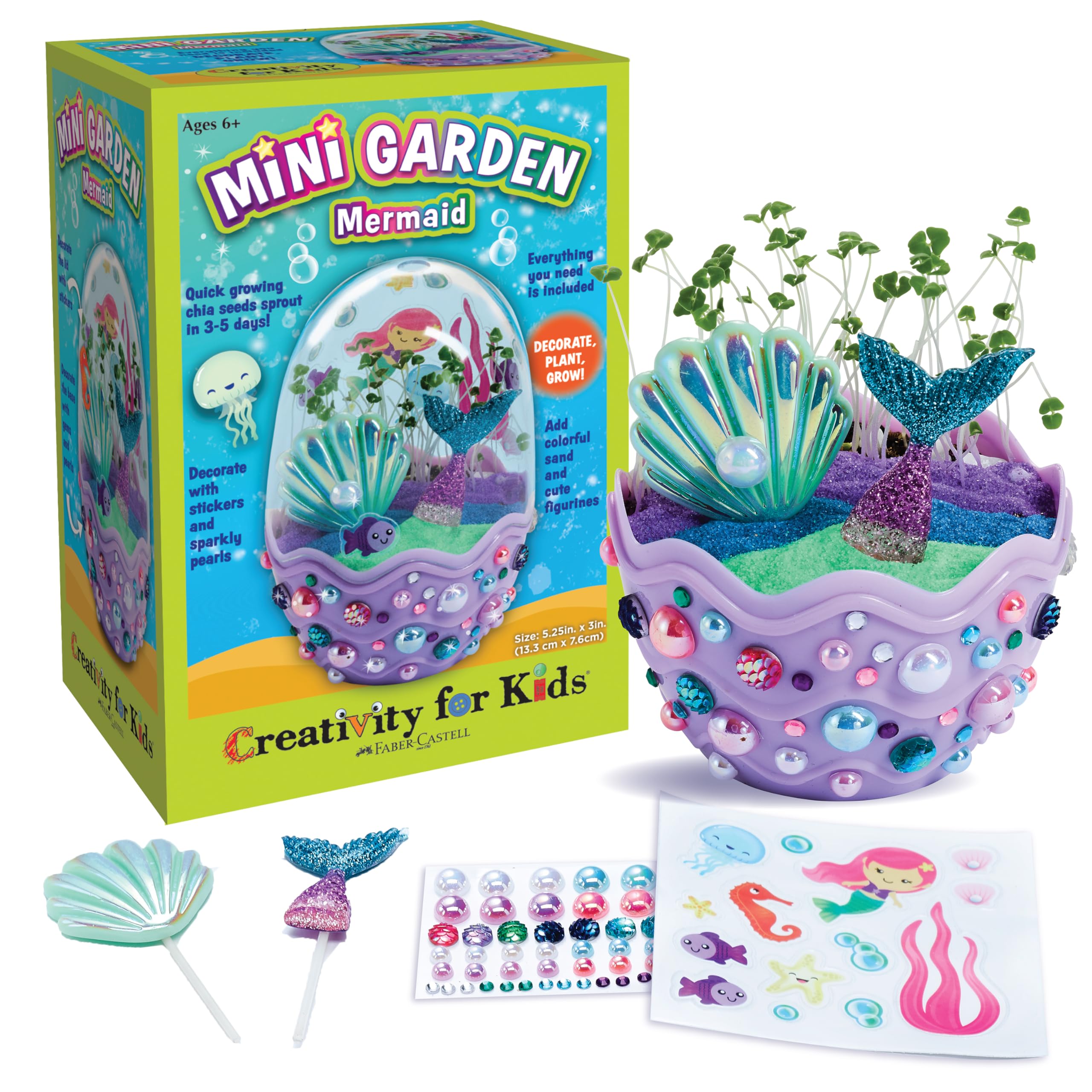 Mini Garden Mermaid Kit - Grow Your Own Chia Seed Garden in 3-5 Days with Colorful Sand, Stickers, Sparkly Pearls & Mermaid Figurines Under the Sea Gardening Craft for Kids Ages 6+