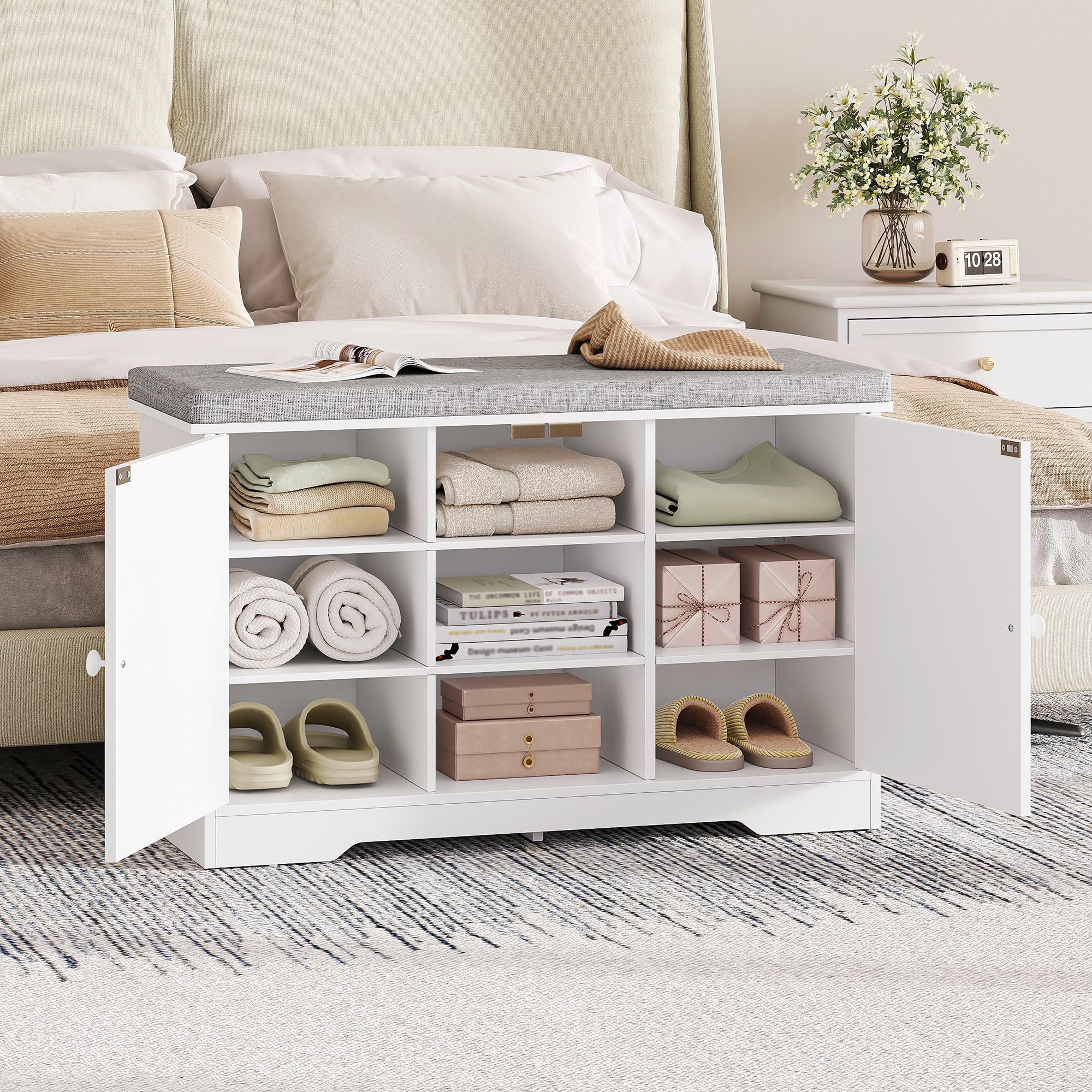 Banc à Chaussures, Banc de Rangement, 80 x 34 x 55 cm, Blanc | 9 Compartiments, Étagères Réglables, pour Entrée, Couloir, Salon, FFXD001PW1