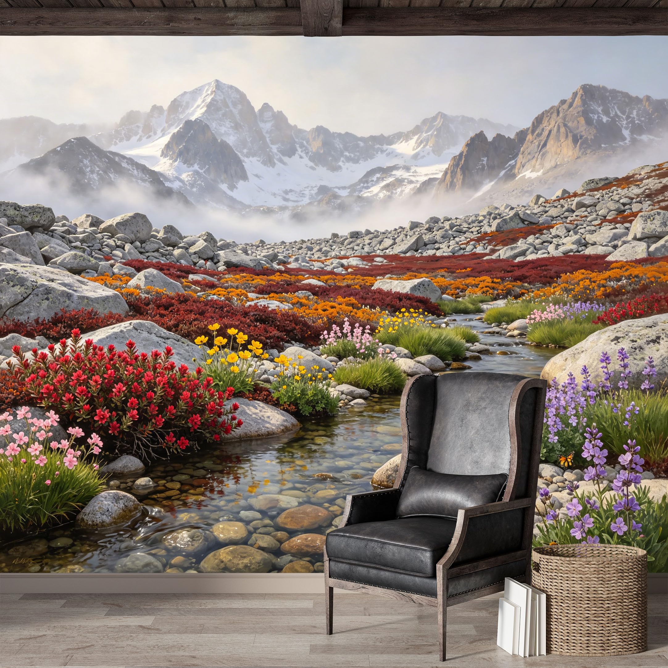 Custom Size Wall Mural,Alpine Meadow Creek Rocky Landscape Floral Botanical Premium Water Activated SelfAdhesive Wallpaper,Removable Wall Covering for Indoor Home Decor