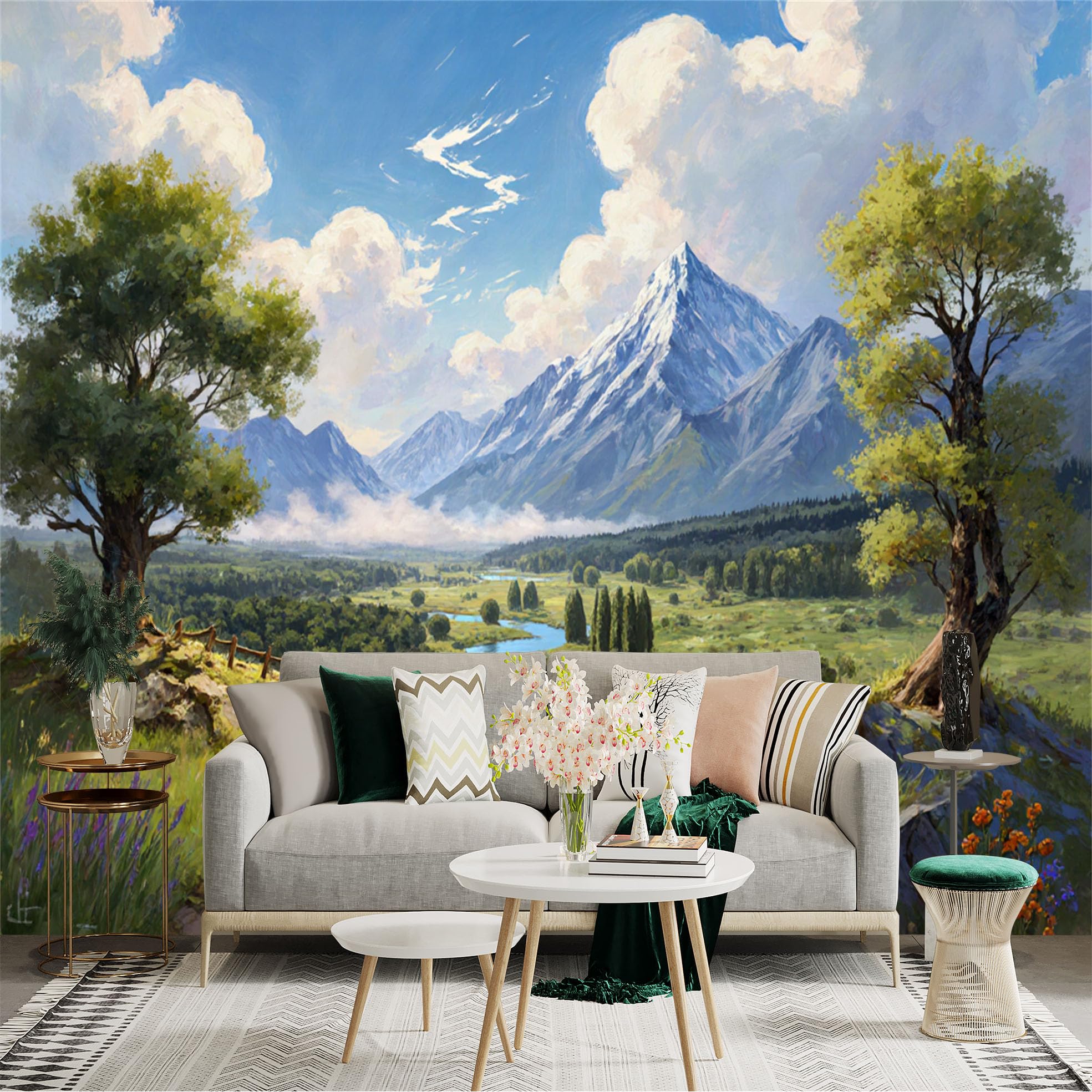 Custom Size Wall Sticker Mural， Mountain Valley with River， Trees and Blue Sky Landscape， for wall Decoration， peelandstick wall Decals.