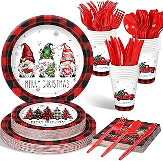 Christmas Plates Set Christmas Dinner Tableware Set Disposable 168Pcs Christmas Party Supplies for 24 Guests Buffalo Plaid Christmas Paper Plates Napkins Cups Plastic Forks Knives Spoons