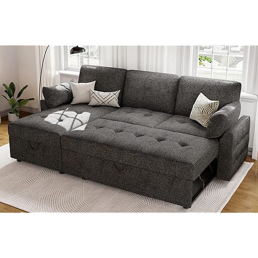 PaPaJet Pull Out Sofa Bed, Modern Tufted Convertible Sleeper Sofa, L Shaped Sofa Couch with Storage Chaise, Chenille Sectional Couch Bed for Living Room (Dark Grey)