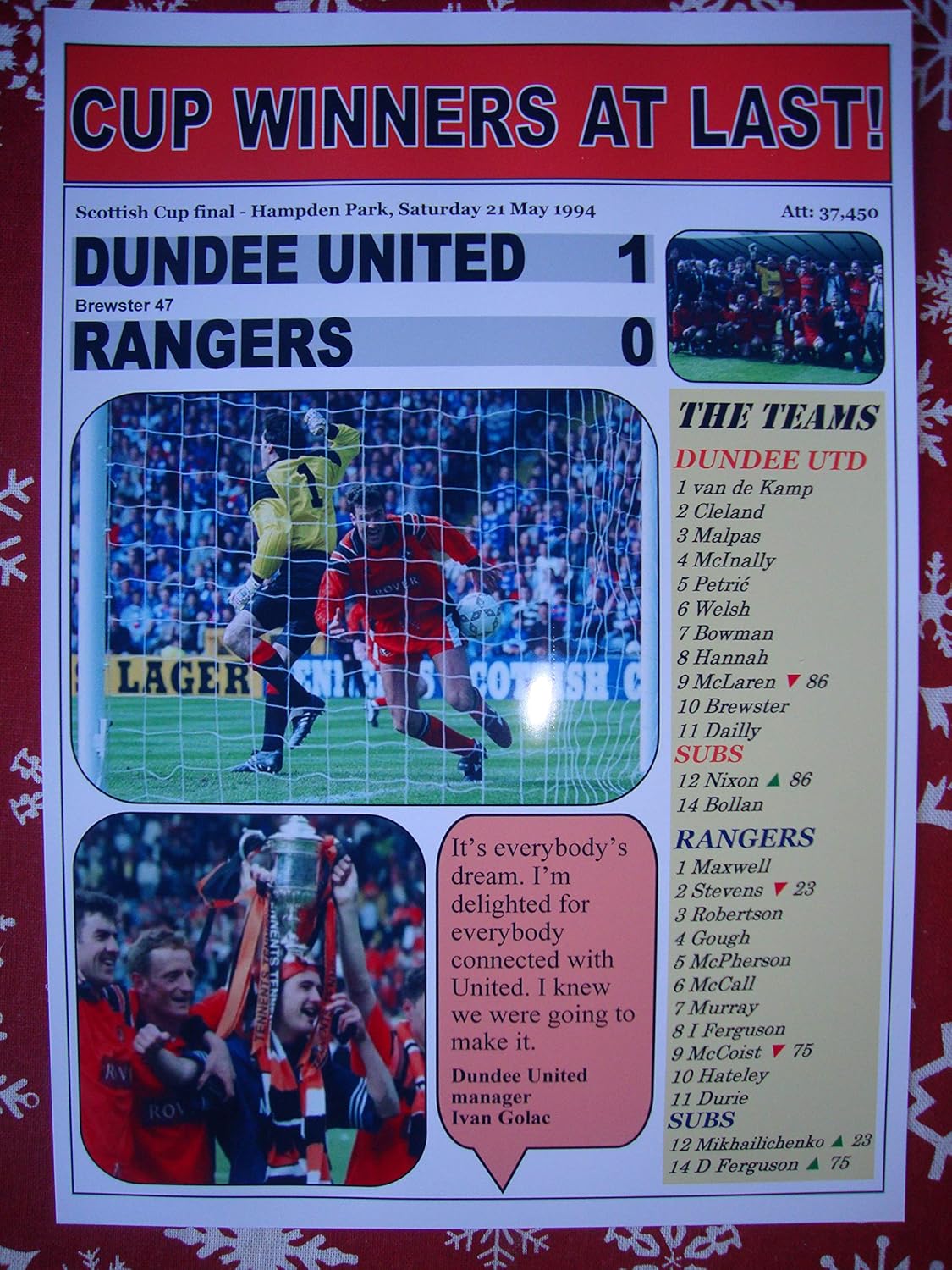 Dundee United 1 Rangers 0-1994 Scottish Cup Final - Souvenir Print