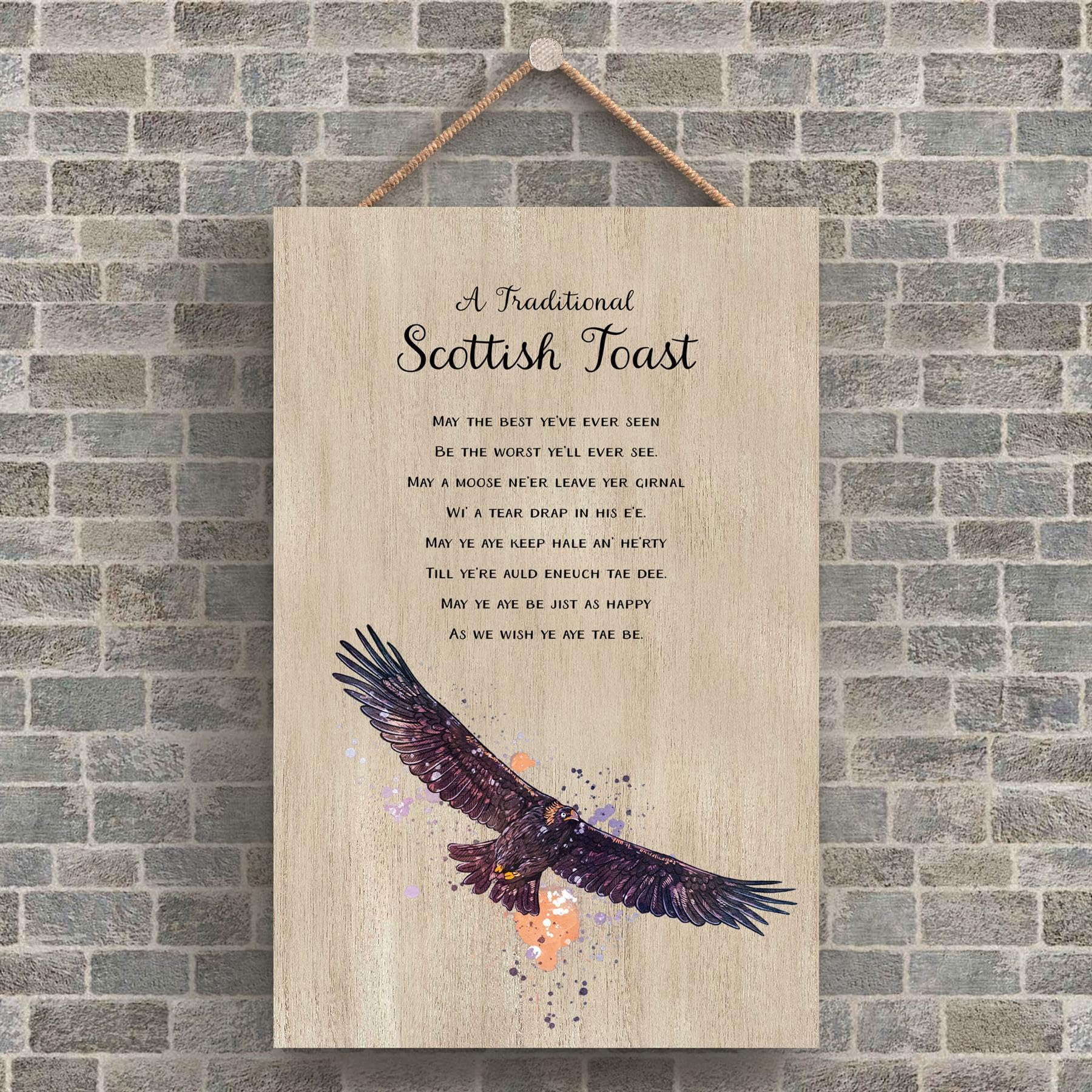 Traditional Scottish Toast Buzzard Watercolour Effect Illustration Wooden Hanging Plaque