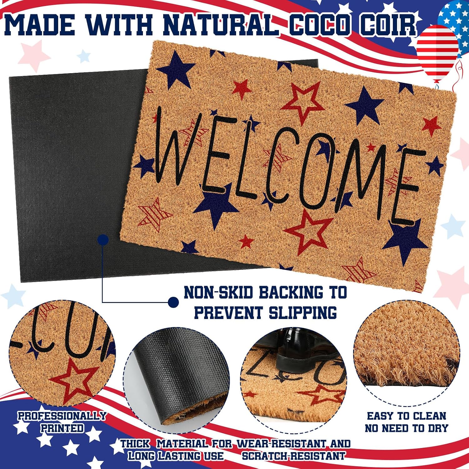 Condition photo showing New/Like New for ceenna 4th of july patriotic coir door mat outdoor red white blue 250th anniversary star welcome rug patriotic doormat non-slip entrance rugs for independence day memorial day home decor 16 x 28 inch star 16 x 28 inches