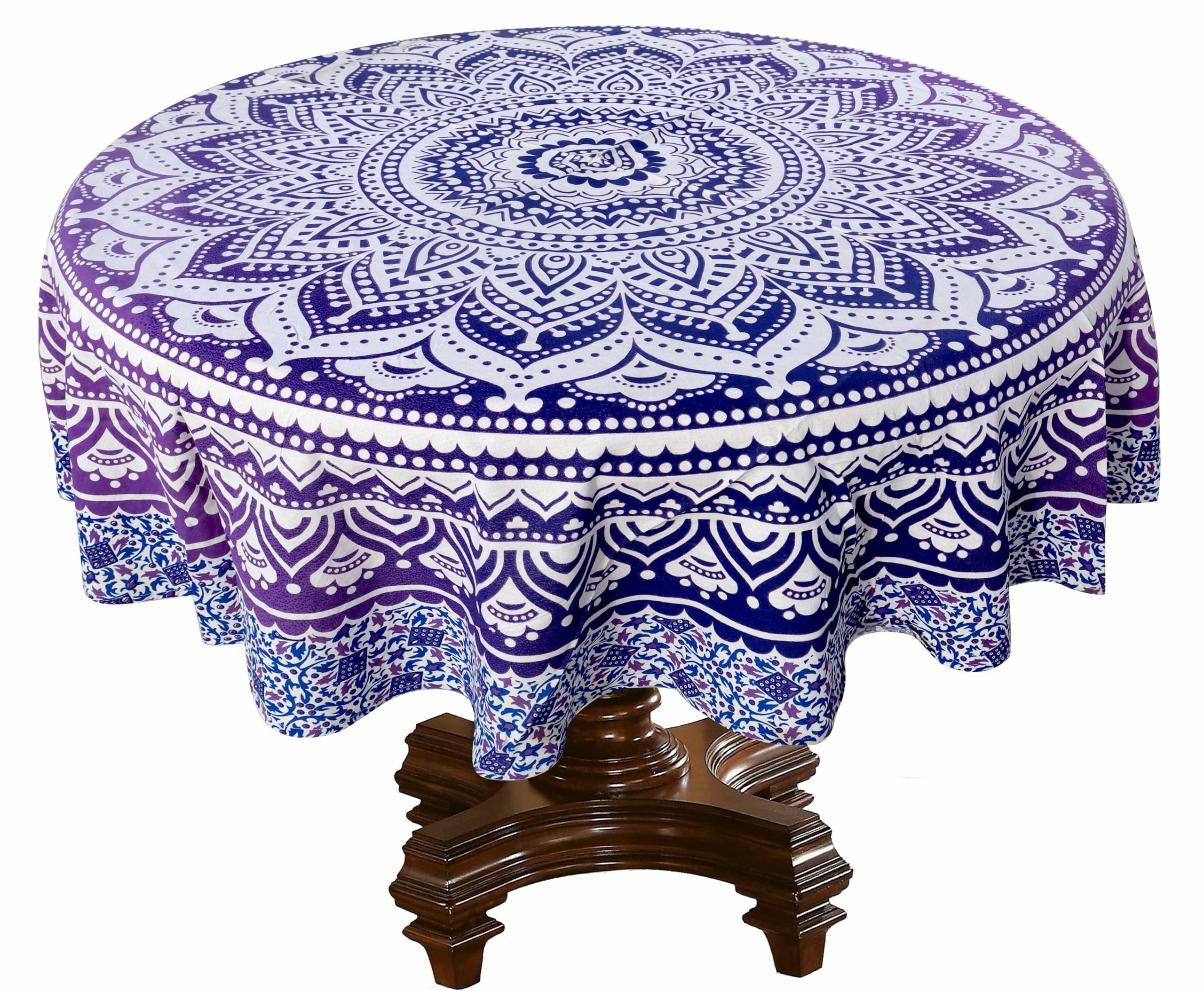 RHF 70 Inch Round Cotton Tablecloth | Multicolor Floral Printed Dining Table Cover for 4–6 Seater | Washable & Durable (Blue Omre)