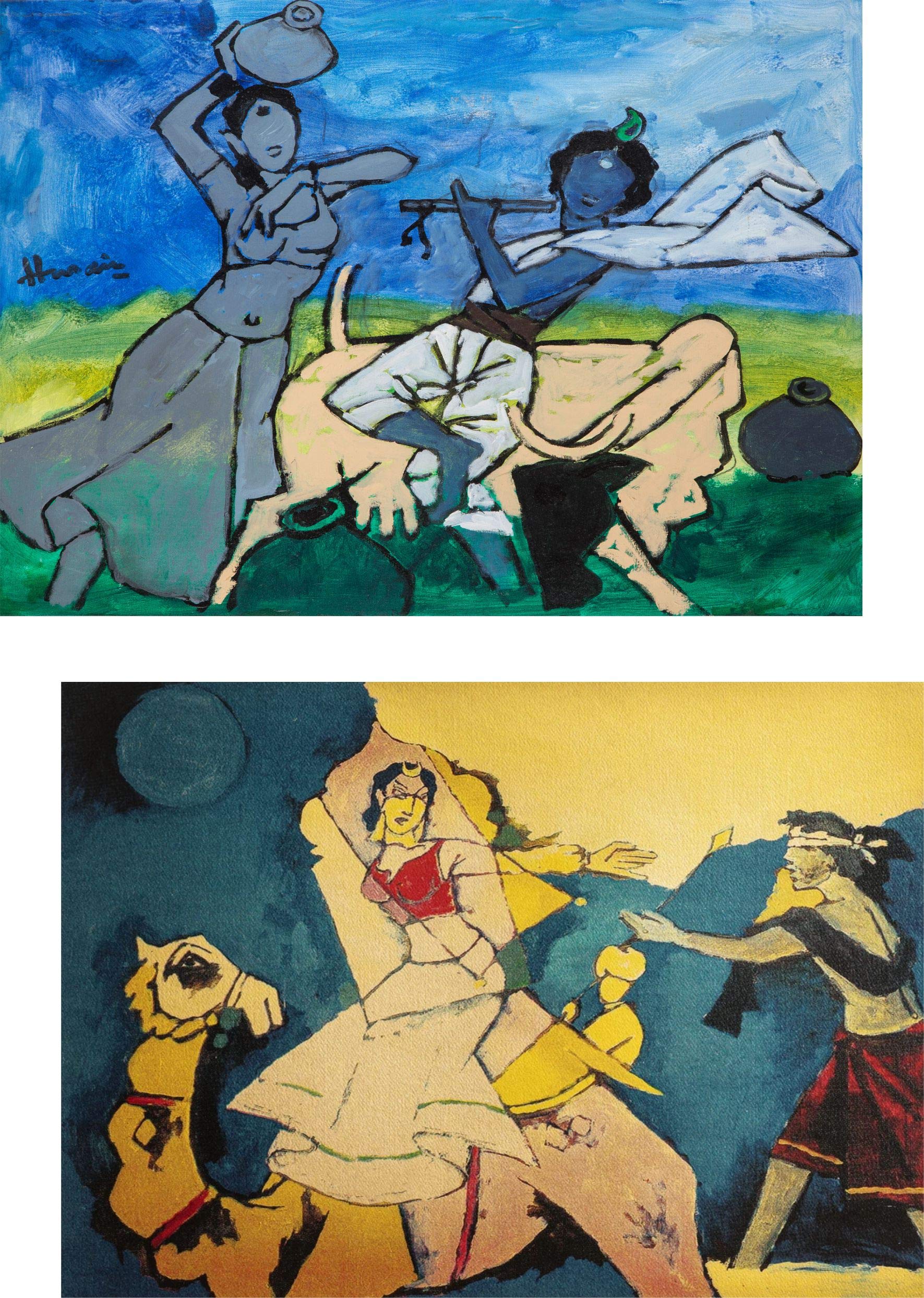 Adventures® *Radha-Krishna* & *Laila-Majnu and Camel*- Two Paintings by M.F. Husain, Set of 2 Wall Décor Frames (Acrylic Spray Coated Canvas Print, Pinewood Frame). Size 18"x14" each (15 options)