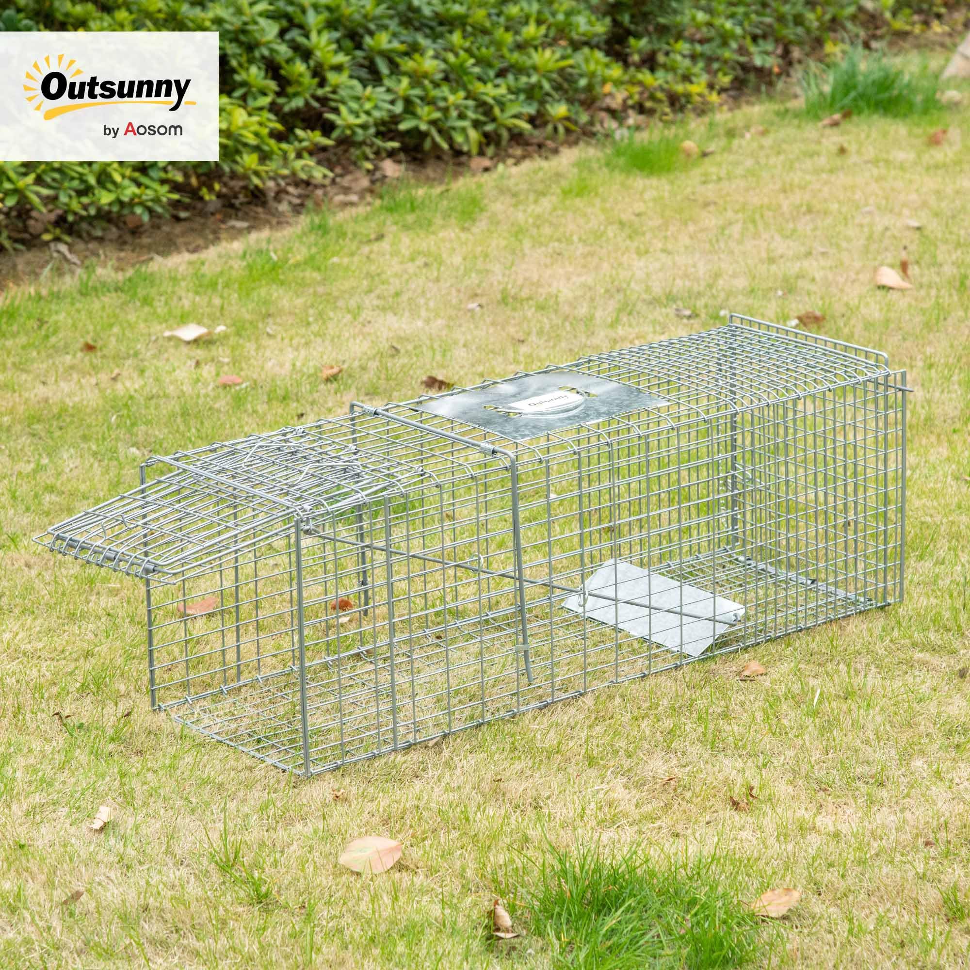 Outsunny Trampa para Animales Vivos Plegable 93x31x34,5 cm Jaula de Captura de Alambre con Puerta y Asa para Conejos Ratas Roedores Plata