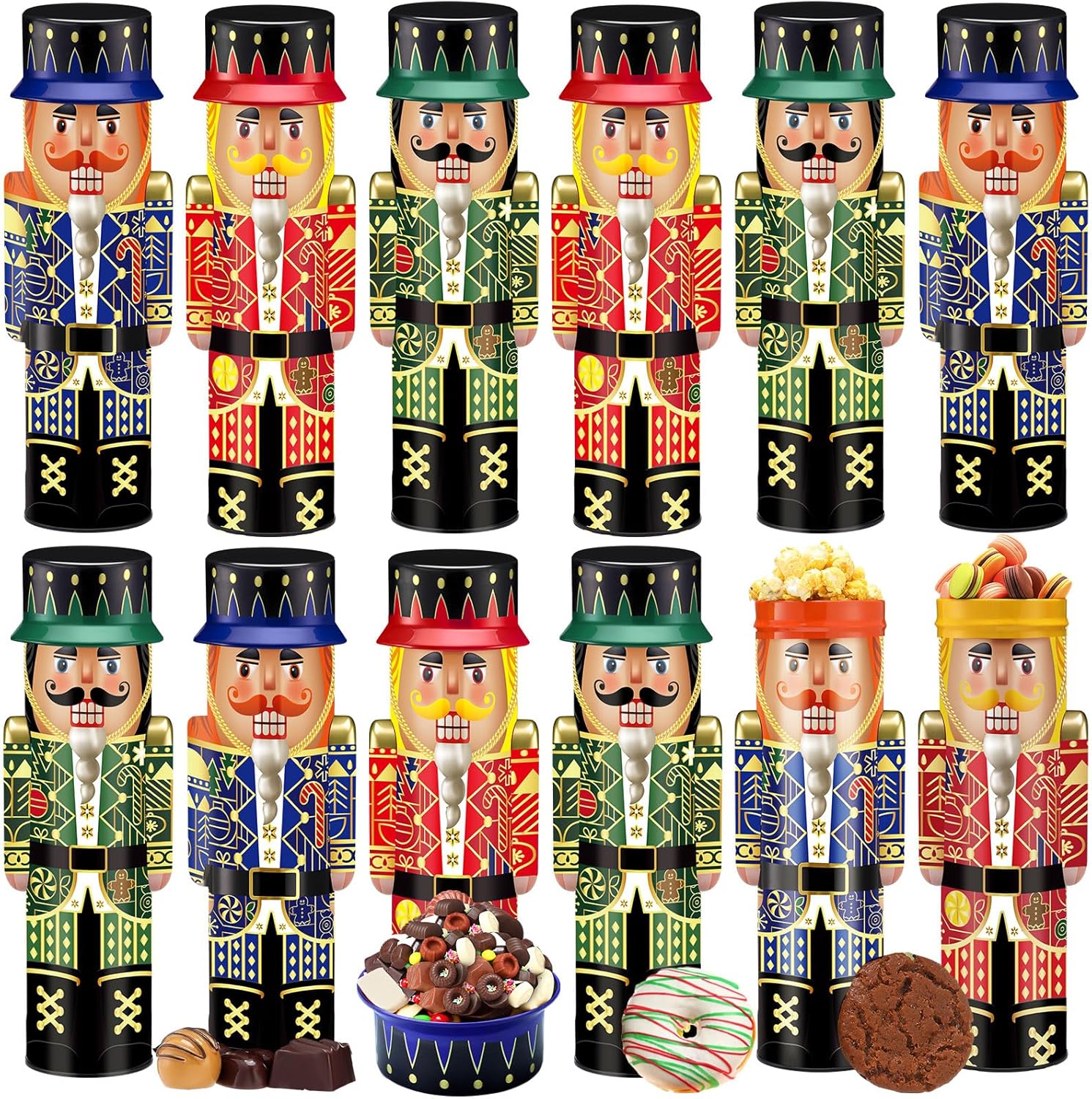 Roshtia 12 Pcs Christmas Cookie Tins with Lids Nutcracker Cookie Containers 12 Inch Decorative Treats Storage Tins Nutcracker Christmas Gift Kitchen Counter Decor for Gift Giving Baking Treat Storage
