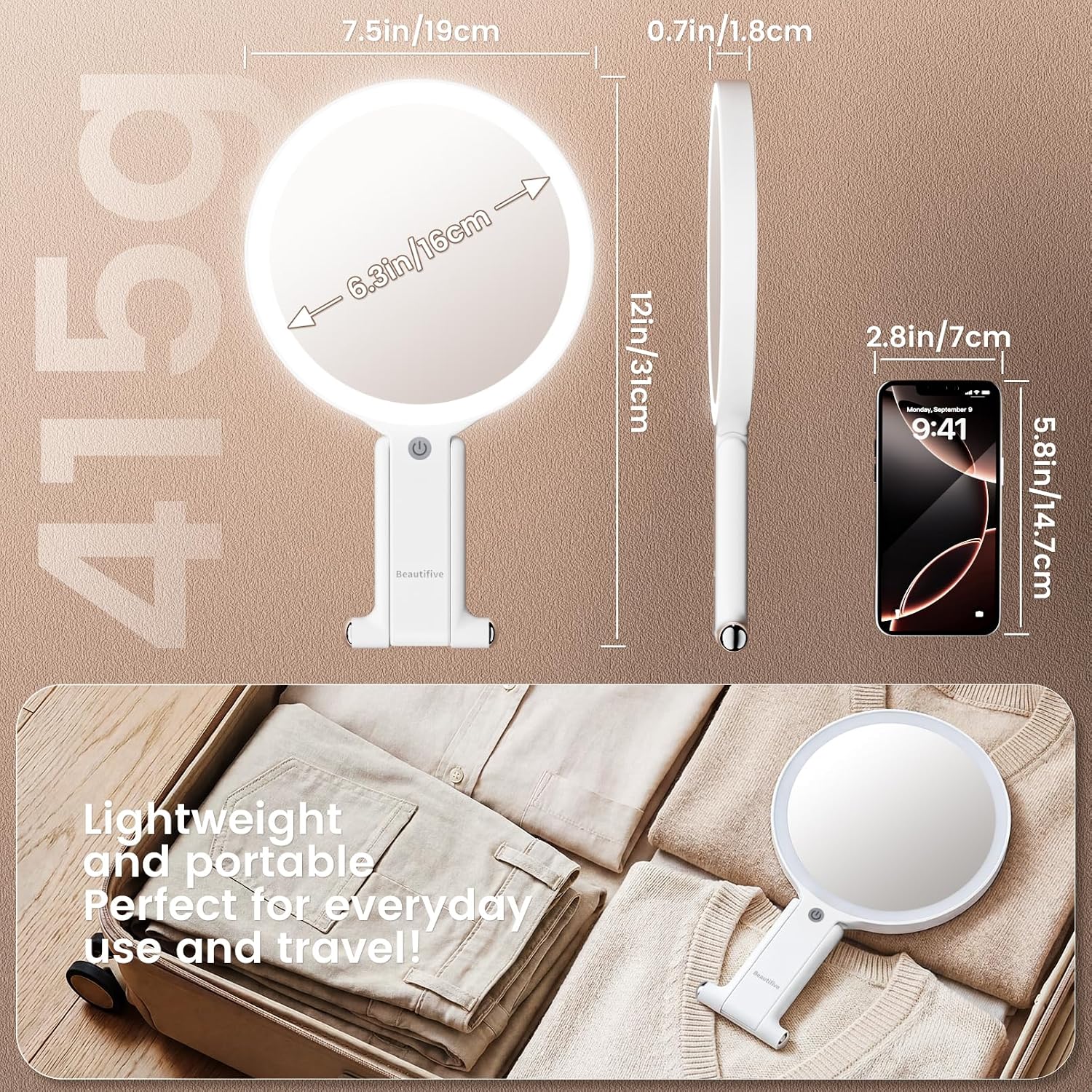 7.5" Large Travel Mirror with Light, Rechargeable 10X/1X Magnifying Mirror