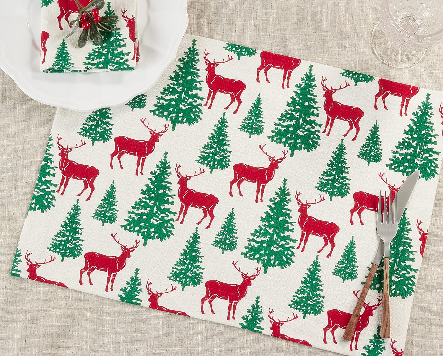Deer and Christmas Trees Design Placemats (Set of 4)