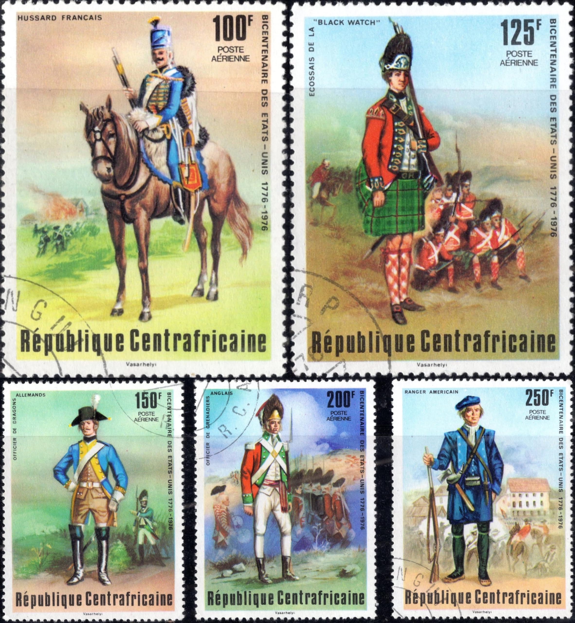 Mahaphilla Central African Republic 1976 French Hussar : Bicentennial of The United States 5 Different Stamps Used for Stamp Collection Multicolor