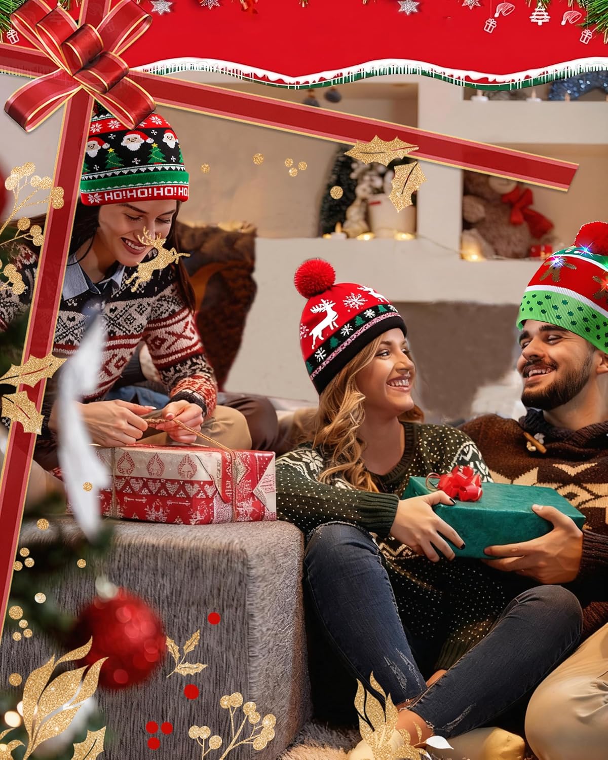 4 Pack LED Christmas Hat, Christmas Light-up Beanie Knit Hats with 6 LED Lights, Winter Snow Hat for Holiday Xmas Sweater New Years Party Supplies - Image 5