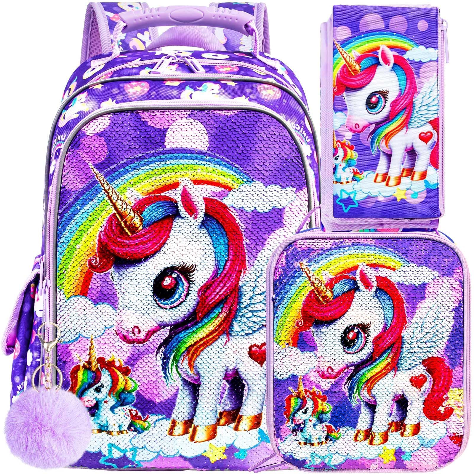 UFNDC 3PCS Unicorn Backpack for Girls, 16”Kids Sequin Bookbag with Lunch Box, Water Resistant School Bag for Elementary Preschool Toddler