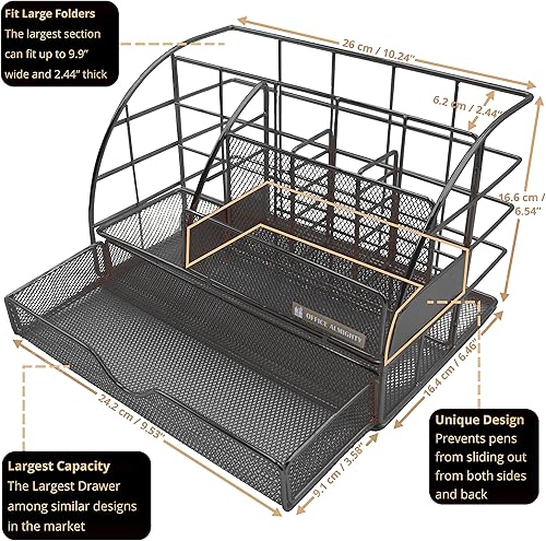 Miniatura 3 de Organizador de escritorio negro para hombres exclusivo organizador grande de suministros de metal recubierto de malla 7 en 1 con soportes para