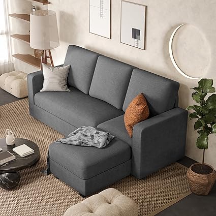 JUMMICO Convertible Sectional Sofa Couch, Fabric L-Shaped Sofa with 3 Seats, Removable Ottoman, Small Sofa for Small Apartments, Living Rooms and Offices (Deep Grey)