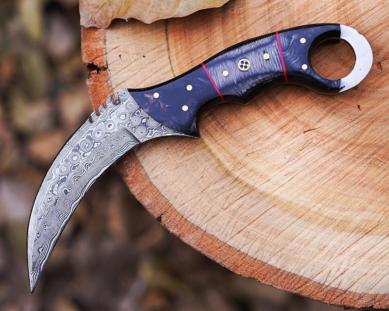 Handmade Damascus steel Karambir knife/Razor Sharp Fixed blade/Survival, Defence, EDC/Black Diamond wood handle, with leather sheath