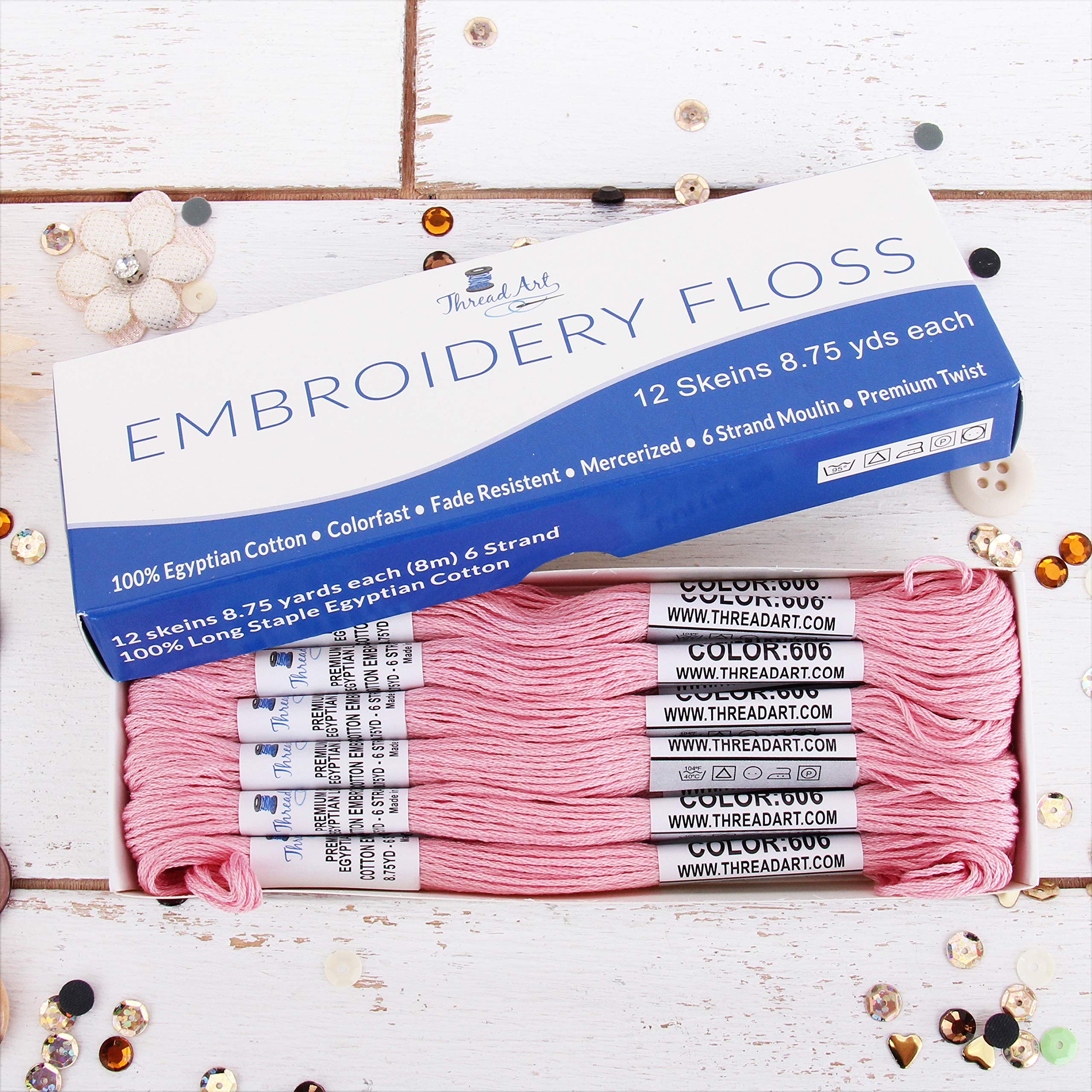 Threadart - 12 madejas de hilo de algodón egipcio de fibra larga para bordar, rosa claro, 6 hebras de hilo divisible de 8.75 yardas cada una para bordado a mano, pulseras de la amistad, punto de cruz