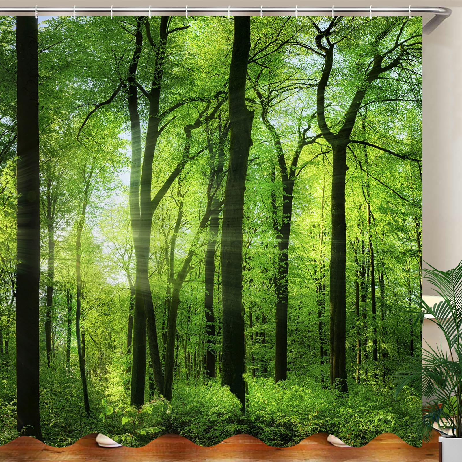JOOCAR Design Shower Curtain, Nature Green Tree Forest Woodland Sunlight Spring Summer Natural Scenery Art Print, Waterproof Cloth Fabric Bathroom Decor Set with Hooks, 183x183 cm