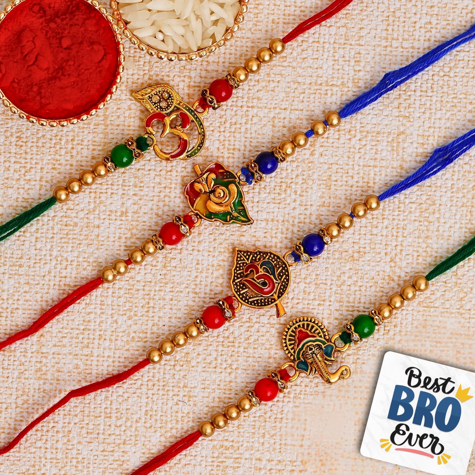 eCraftIndia Set of 4 Multicolor Om Symbol, Lord Ganesha On Leaf, Om Symbol On Leaf, Lord Ganesha Religious Rakhis, Best Bro Ever Fridge Magnet with Roli Chawal Pack - Rakhi for Brother, Bhaiya, Bhai