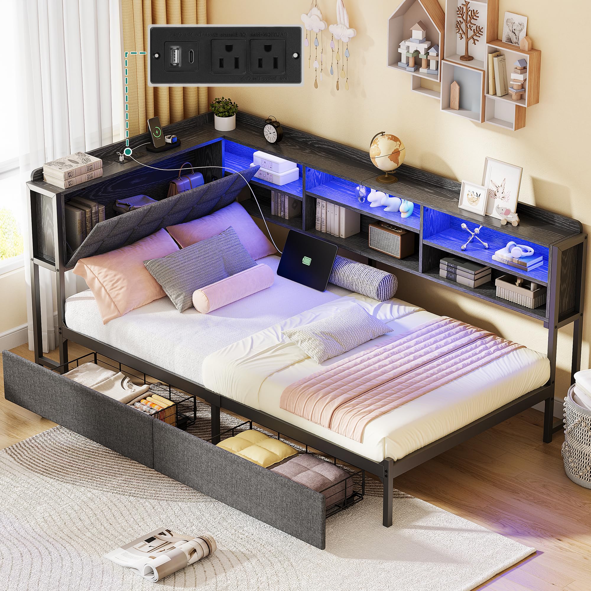 Photo 1 of YITAHOME Twin Corner Bed Frame with Storage Drawers and Bookcase & Flip-up Storage Headboard, Twin Size Platform Corner Bed Frame with Charging Station and LED Lights, Twin Daybed for Dorm, Grey