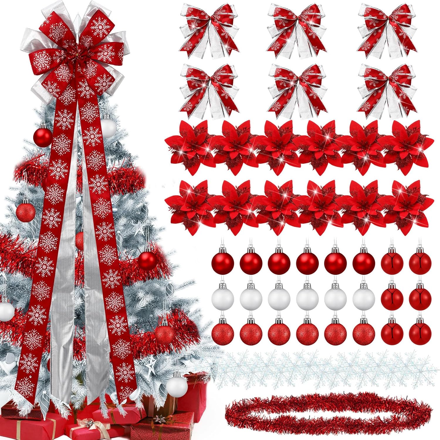 Liliful 63 Pcs Silver Black Christmas Tree Ornaments Decorations Set, Large Bow Christmas Tree Topper Glitter Bow Knots Poinsettia Flowers Metallic Tinsel Garland Balls Ornament White Snowflake Decor
