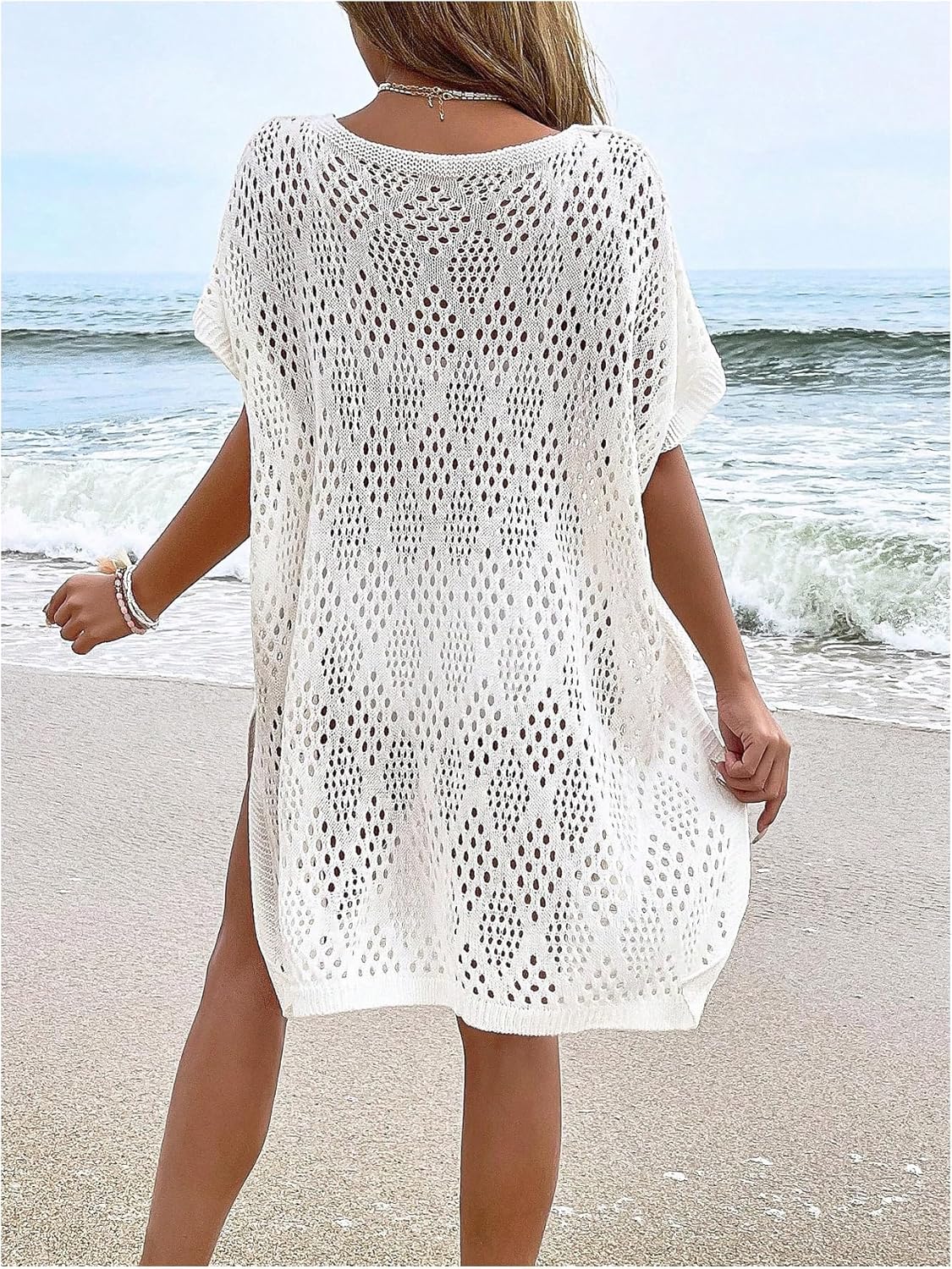 SHENHE Women's Swimsuit Cover Up Crochet Knit V Neck Short Sleeve Slit Dress Tunic Bathing Suit Coverup