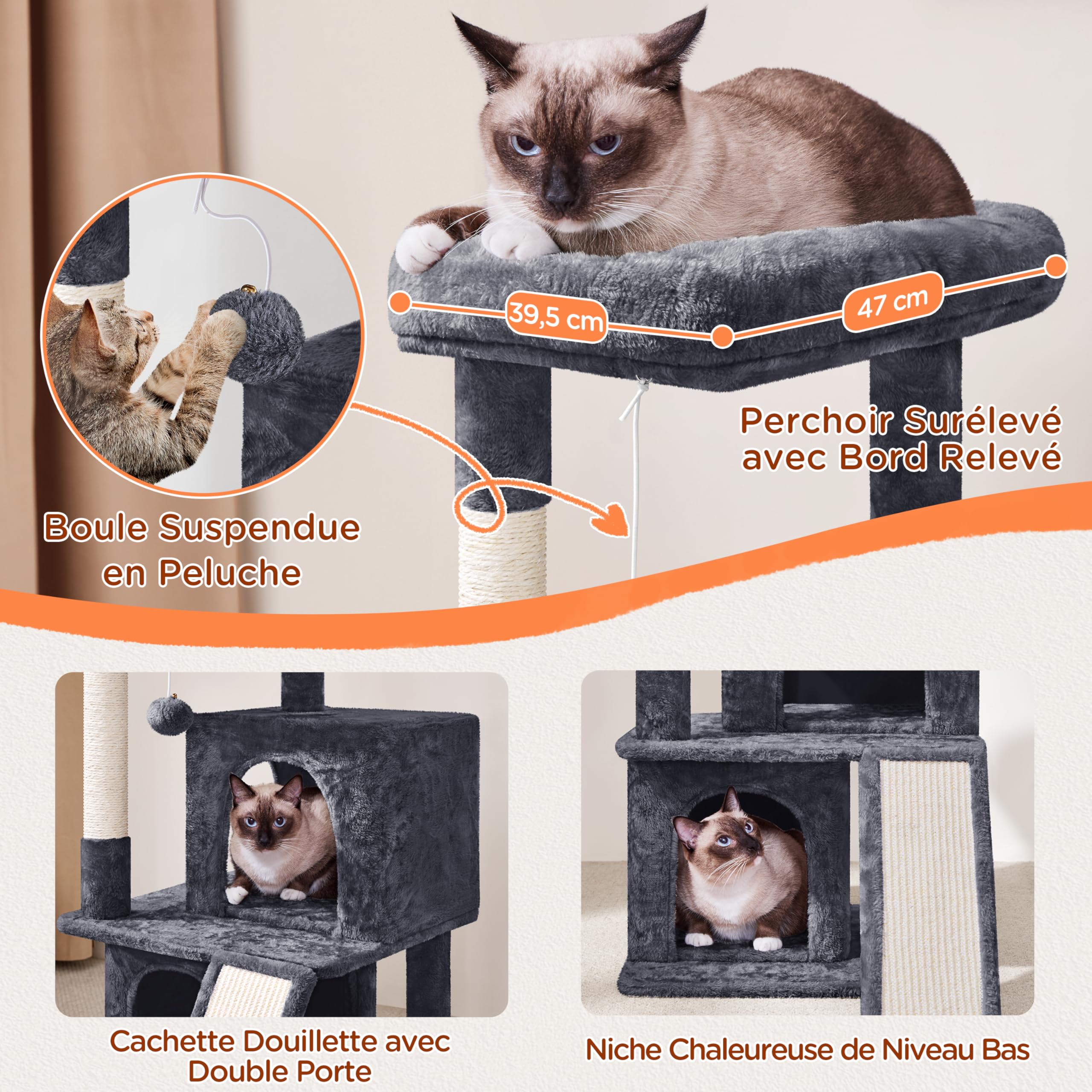 Yaheetech Arbre à Chat avec Griffoir et Poteaux en Sisal Centre d'activités 2 Niches 1 Boule de Peluche et 1 Platforme 49 x 45,5 x 91 cm Gris Foncé