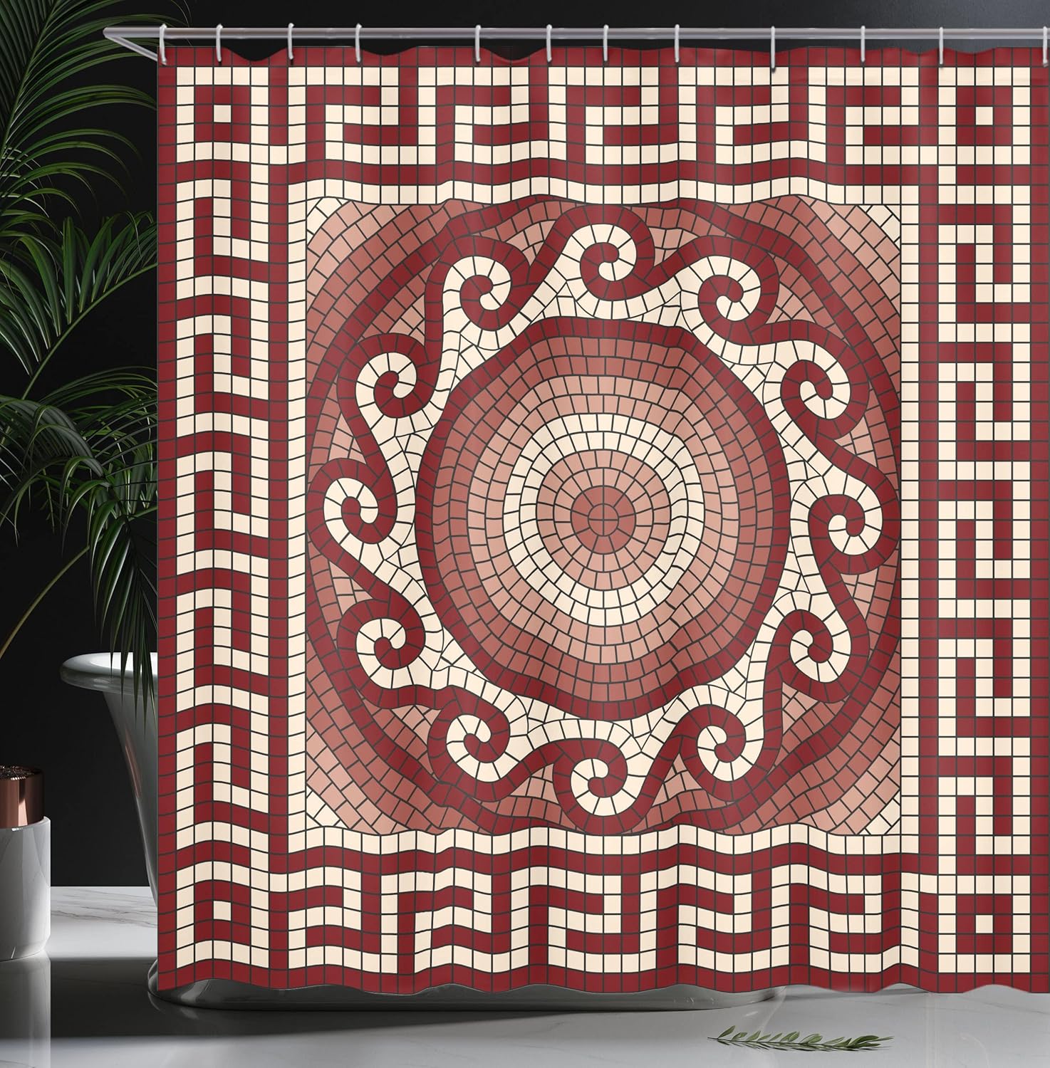 Ambesonne Abstract Shower Curtain, Mosaic with Classic Greek Style of Meander Ornamental and Fractal Antique Style of a Pattern, Cloth Fabric Bathroom Set with Hooks, 69" W x 70" L, Burgundy Coral