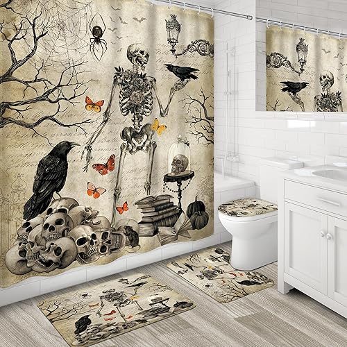 Miniatura 3 de LGhtyro Juego de cortinas de ducha góticas de calavera, espeluznante araña de esqueleto aterrador, 4 piezas con alfombras, cubierta para tapa de