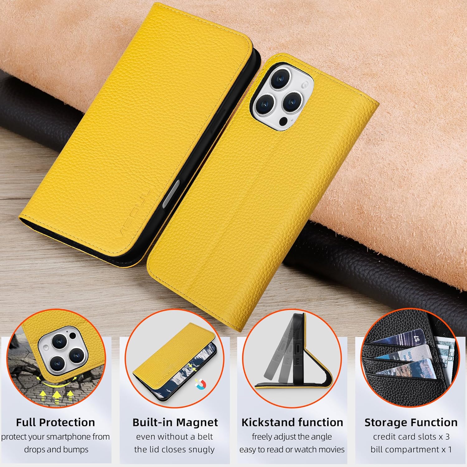 VISOUL Pebbled Real Leather Wallet Case for iPhone 16 Pro with Card Holders, Genuine Leather Flip Folio Cover with Kickstand Shockproof Designed for iPhone 16 Pro (6.3")-Yellow+Black