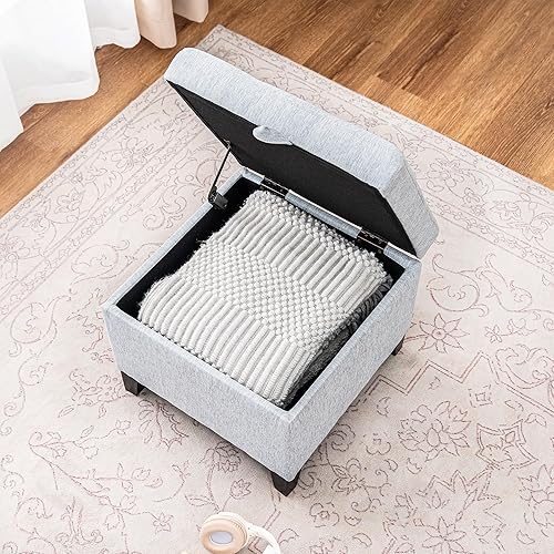 Miniatura 63 de Adeco Taburete de almacenamiento con diseño de escritura de tela, tapa con bisagras, patas de madera maciza, otomanas de 18 pulgadas de altura y 3D