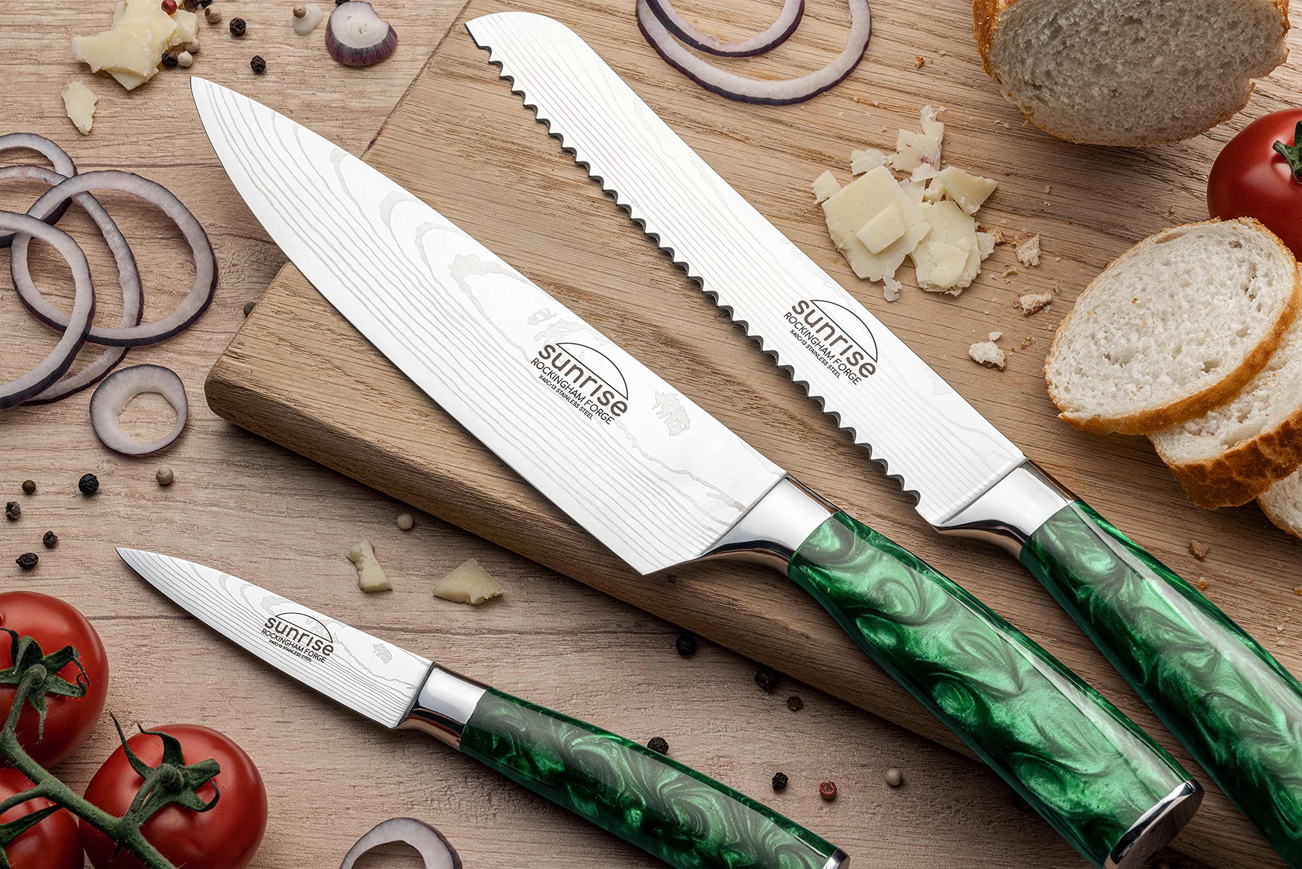 Rockingham Forge Juego de Cuchillos de Cocina de 7 Piezas, Serie Sunrise, Hoja de Acero Inoxidable con Mangos de Resina, Verde Esmeralda, RF-2160/7GN