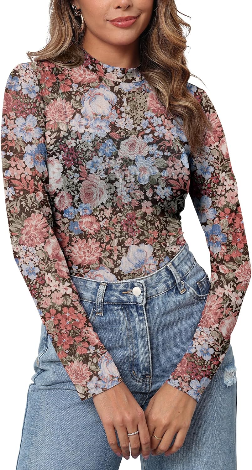 Womens Mesh Floral Long Sleeve Tops Lace Undershirt...