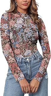 Womens Mesh Floral Long Sleeve Tops Lace Undershirt Mock Neck Going Out Sheer Blouses 2025 Trendy