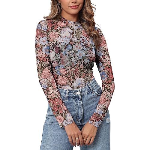 Womens Mesh Floral Long Sleeve Tops Lace Undershirt Mock Neck Going Out Sheer Blouses 2025 Trendy