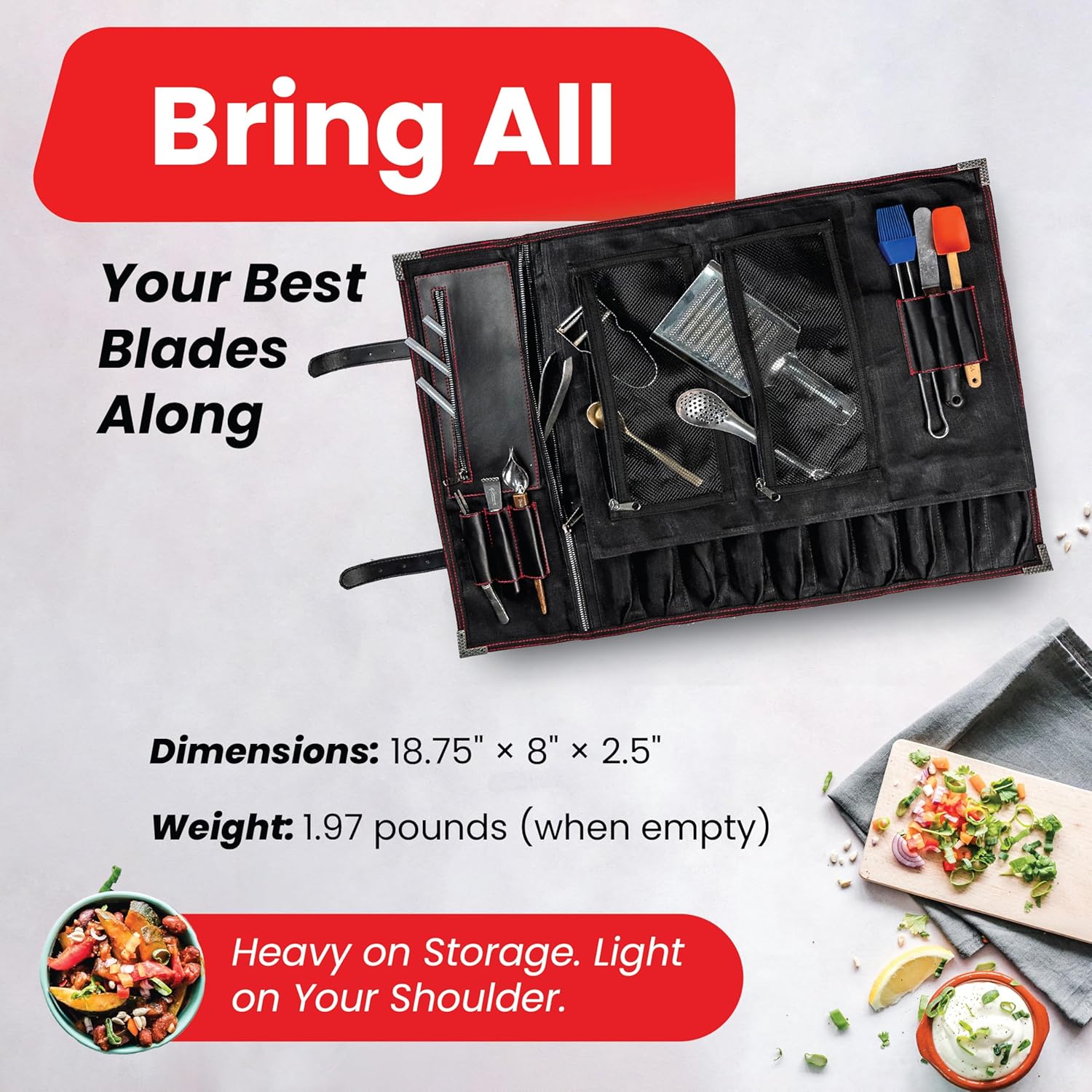 OuiChef Chef Knife Bag for 10 Knives & Utensils - Waxed Canvas & Vegan Leather - Travel Knife Case with Straps - Professional Chef Roll Bag