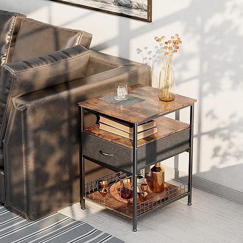 Miniatura 9 de EnHomee Juego de 2 mesitas de noche mesas auxiliares con estante abierto de 3 niveles y cajón negro juego de 2 mesitas auxiliares para dormitorio