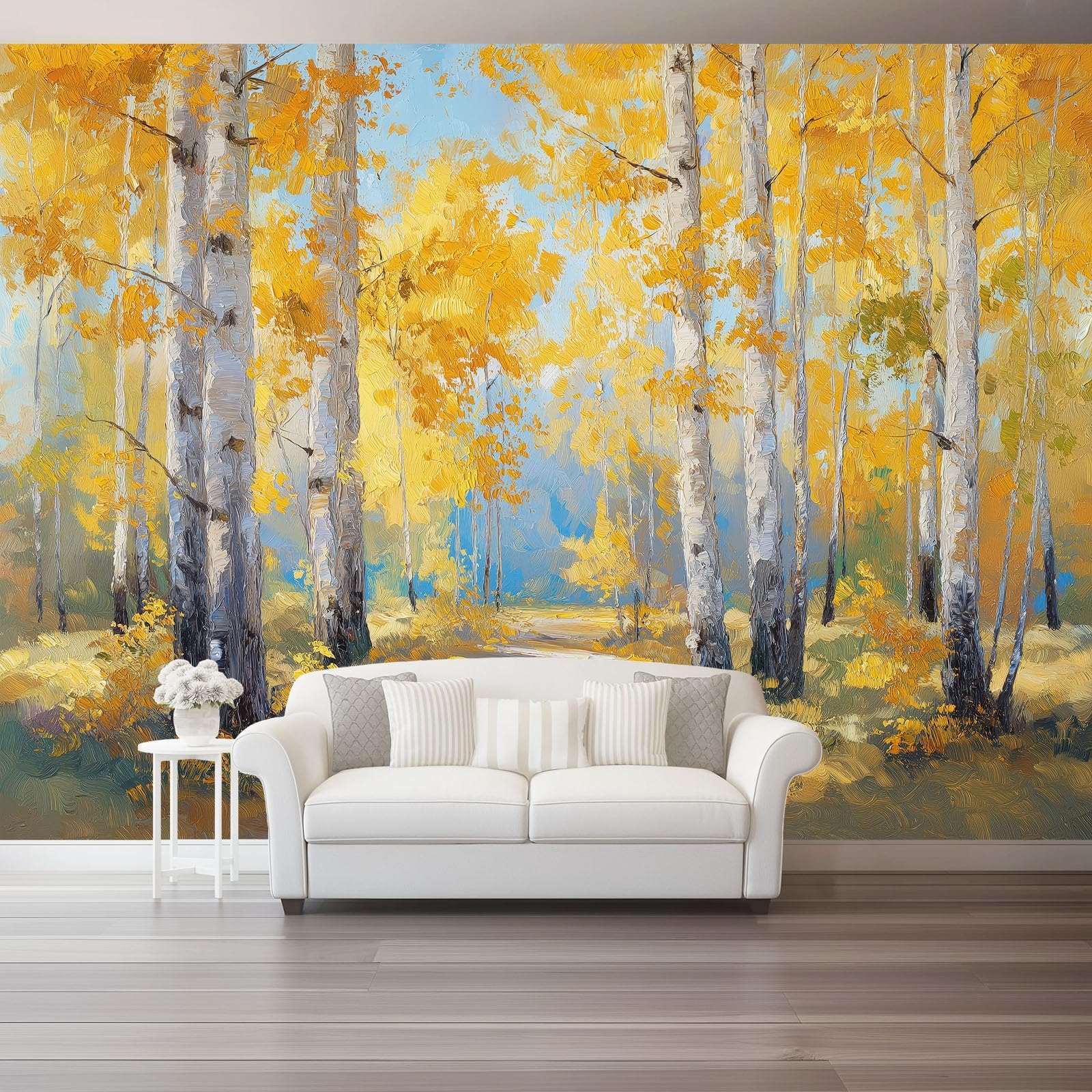 Fototapeta naturalna żółta brzozowa las ścieżka tapeta z włókniny dekoracja salonu sypialni biura 300 x 210 cm