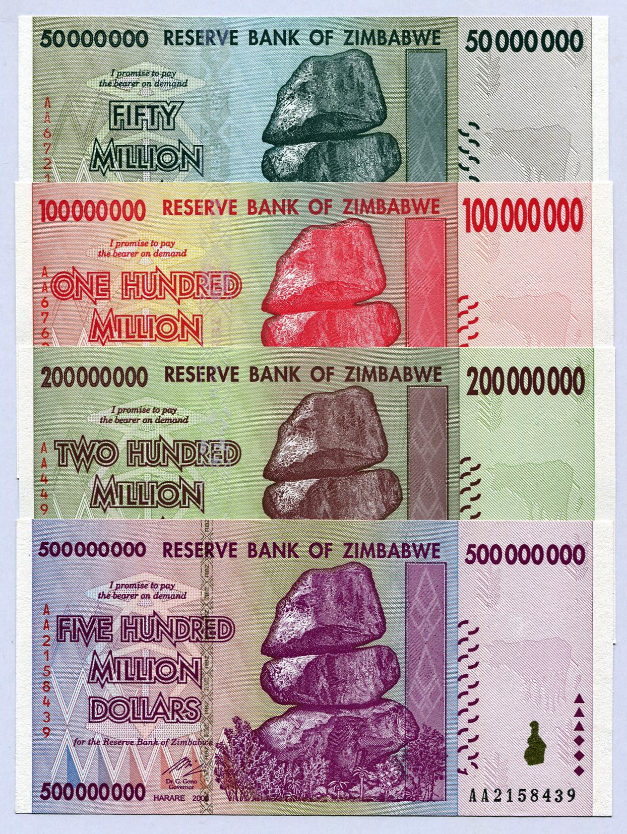 Zimbabwe 50 100 200 500 Millones de dólares 2008 P79-P82 facturas de moneda de UNC …