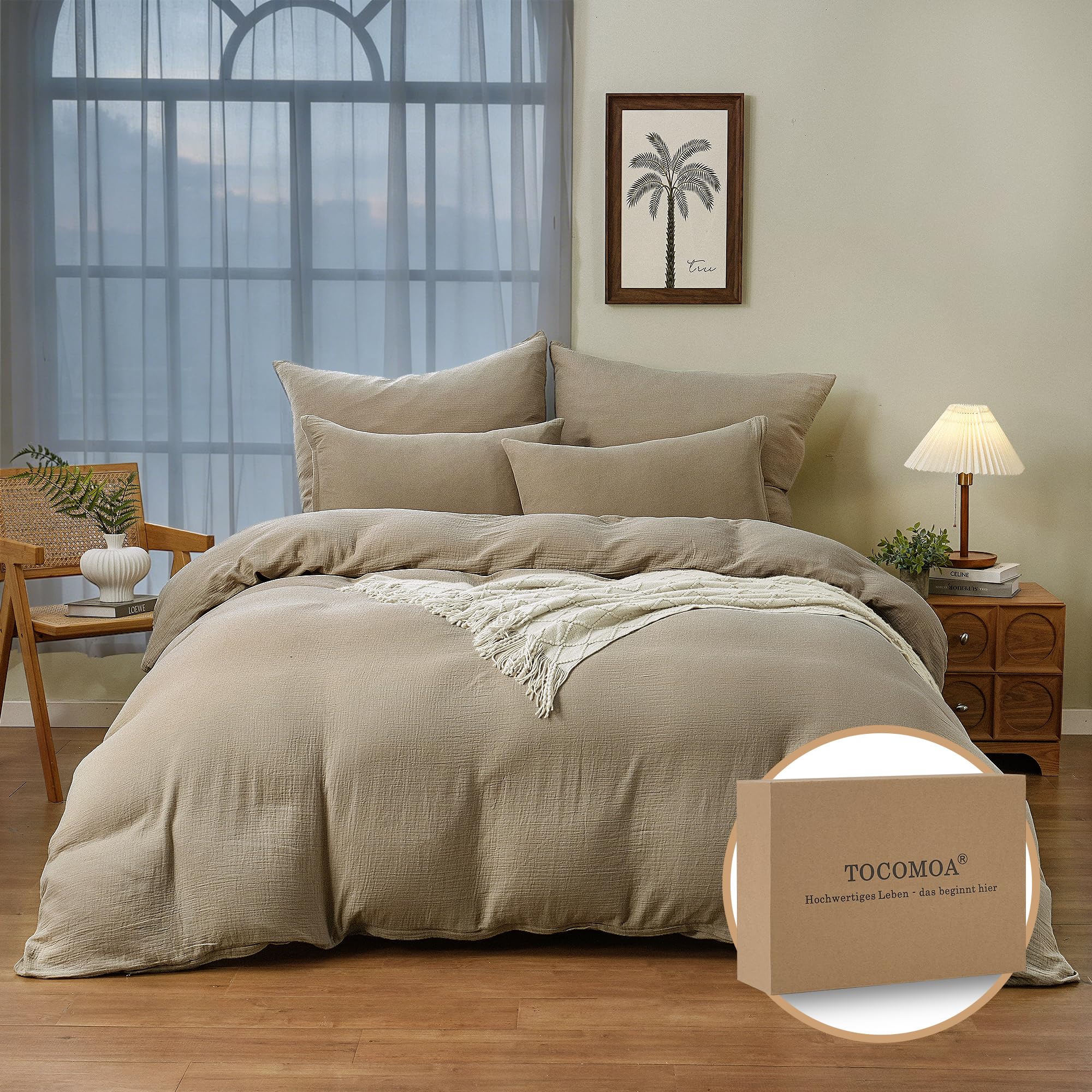 TOCOMOA Musselin Bettwäsche 135x200 100% Baumwolle 4teilig Bettwäsche-Sets | leinenähnliche,Oeko-Tex zertifiziert, atmungsaktiv & Weich, hautfreundlich,verdecktem Reißverschluss, Leicht zu pflegen,Beige