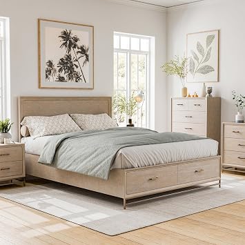 Furniture of America Don Transitional Solid Wood Queen Bed Frame with Headboard and Footboard Drawers, Platform BedFrame for Bedroom, Guest Room, Easy Assembly, No Box Spring Needed, Oak