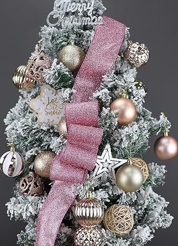 Miniatura 4 de MAYREEL Cinta rosa con alambre de 2.5 pulgadas, con purpurina, decoración de Navidad rosa, para suministros de corona, cinta de árbol de Navidad,
