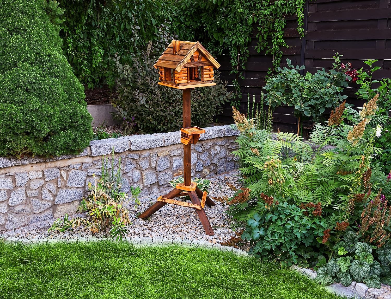 MAZUR Vogelfutterhaus aus Holz | 34,5x38x112 | Ständer | | Hand-Made | Vogelfutterspender | Vogelfutterstation | Vogelhaus | Vogelhäuschen | Kleinvögel, Gartenvögel, Singvögel, Wildvögel Wetterfest