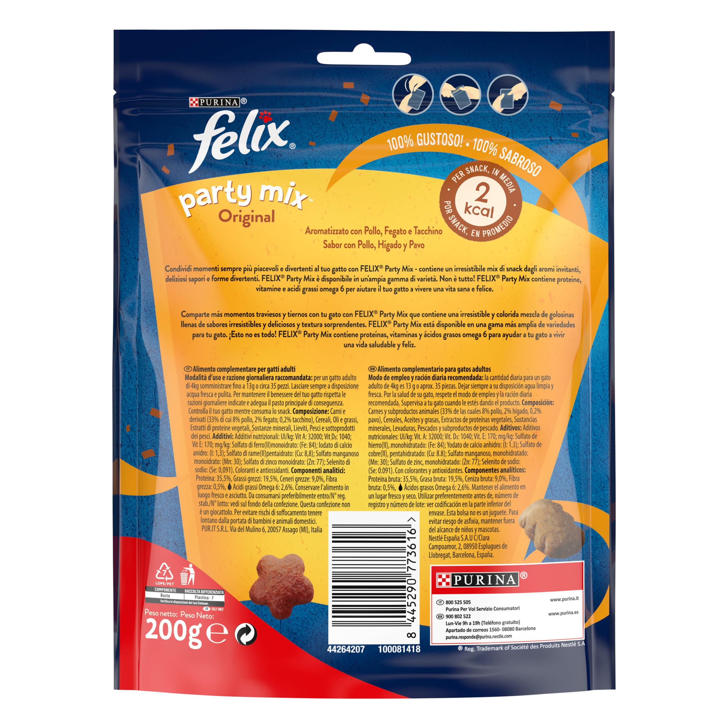 Purina Felix Party Mix Original, Snack para Gato Adulto, Premio para Gato con Pollo, Higado y Pavo, Pack de 5 Bolsas de 200g